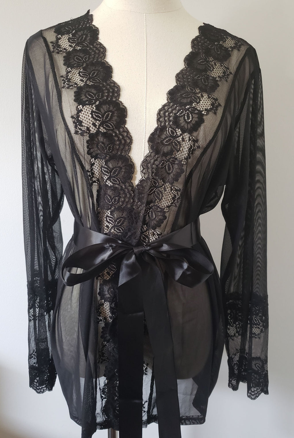 Lace and Mesh Robe with Panty in Black image 0