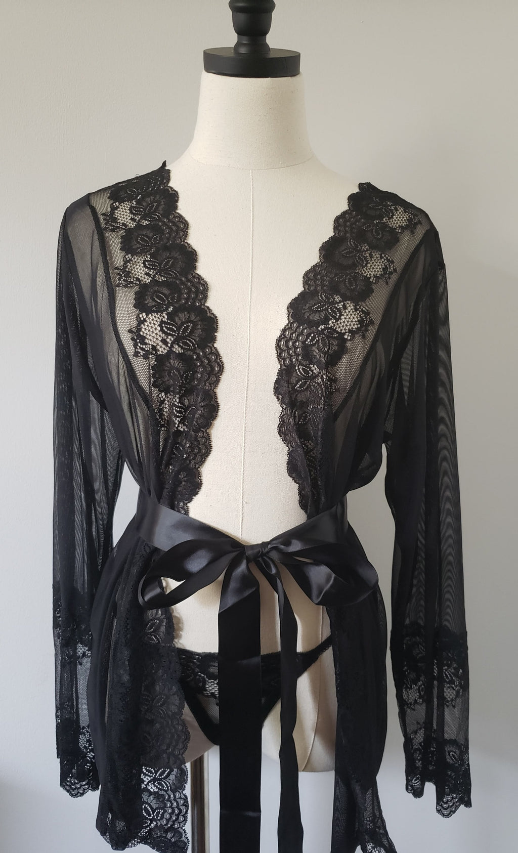 Lace and Mesh Robe with Panty in Black image 2