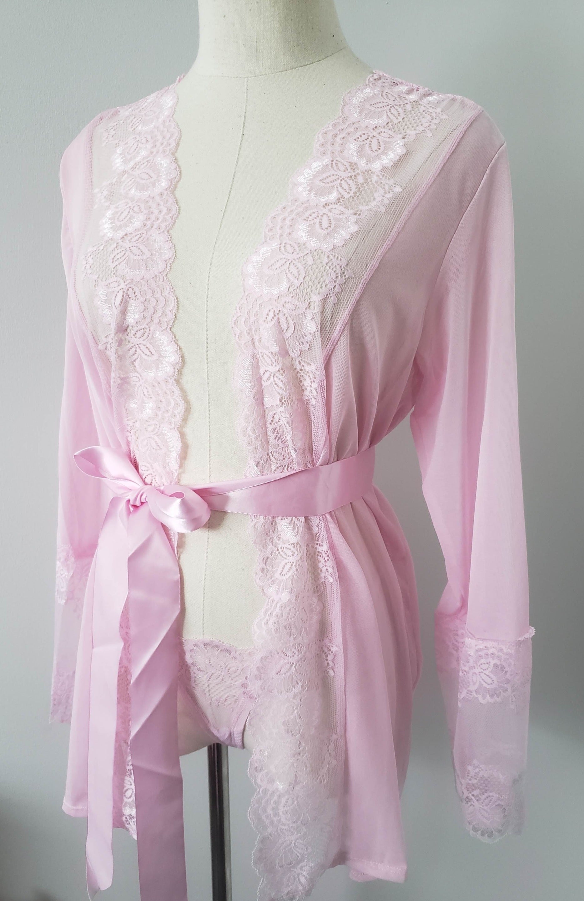 Lace and Mesh Robe with Panty in Blush Pink image 1