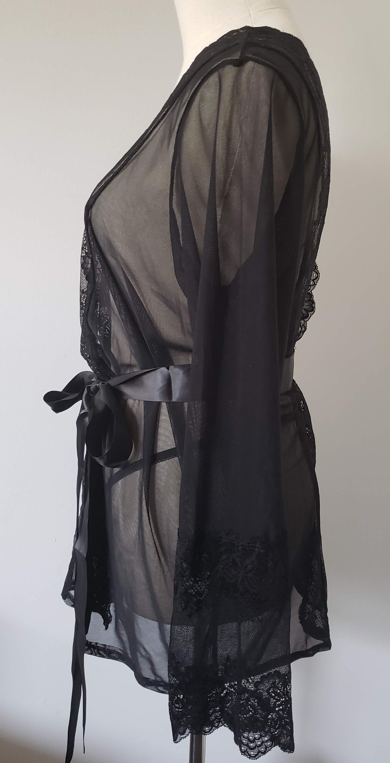 Lace and Mesh Robe with Panty in Black image 3
