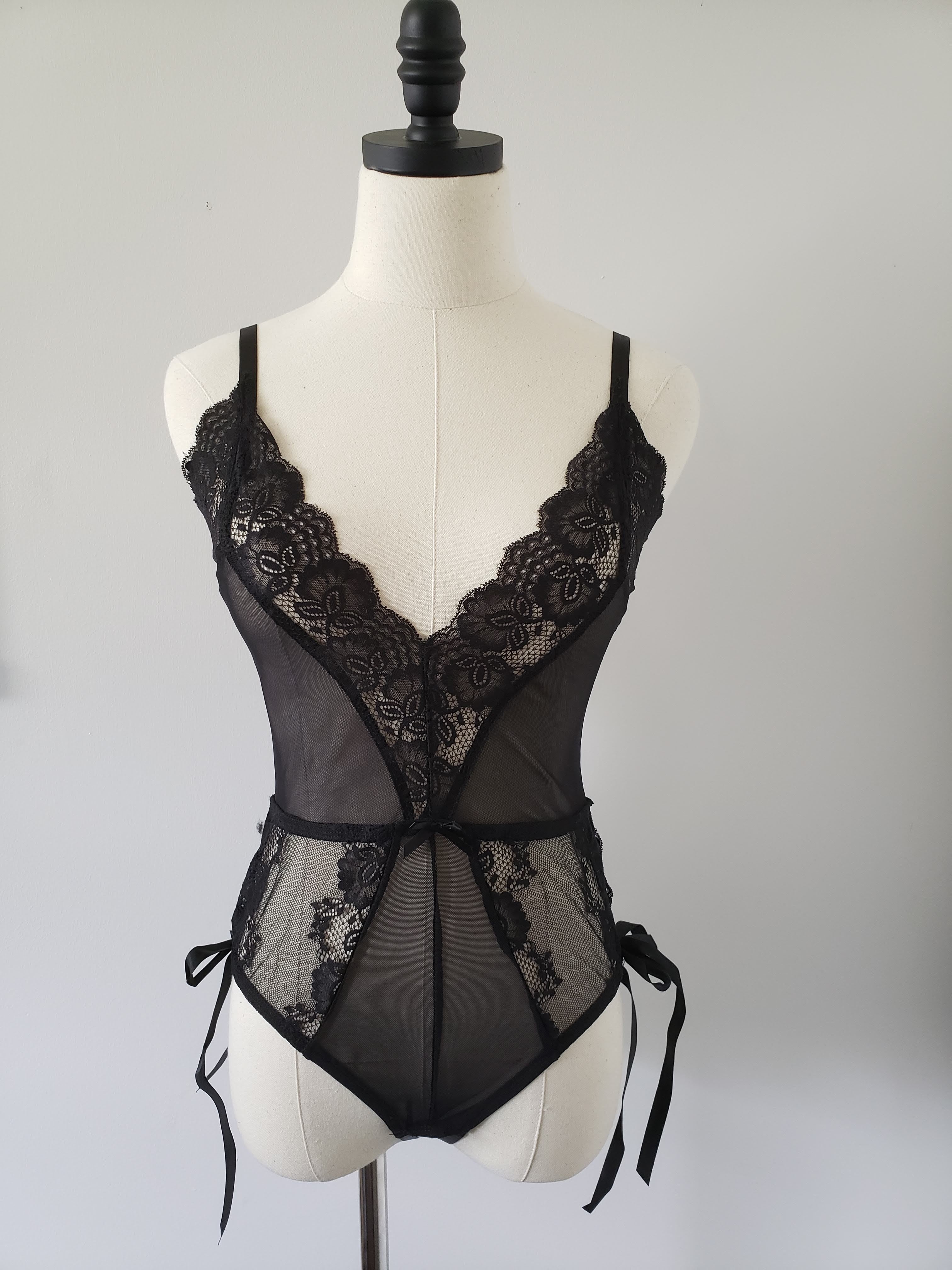 Lace and Mesh Tie Up Romper in Black image 0