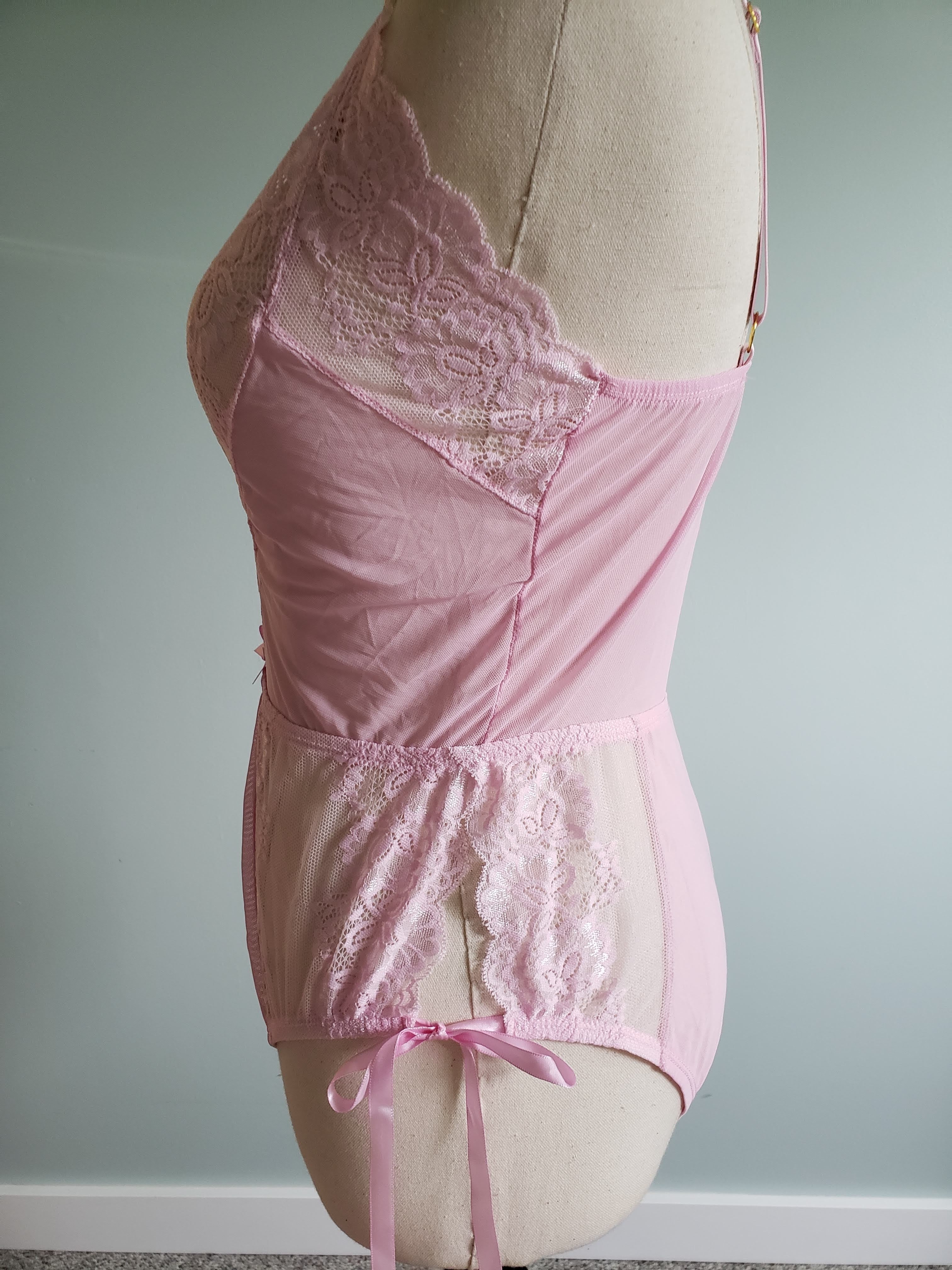 Lace and Mesh Tie Up Romper in Blush Pink image 1