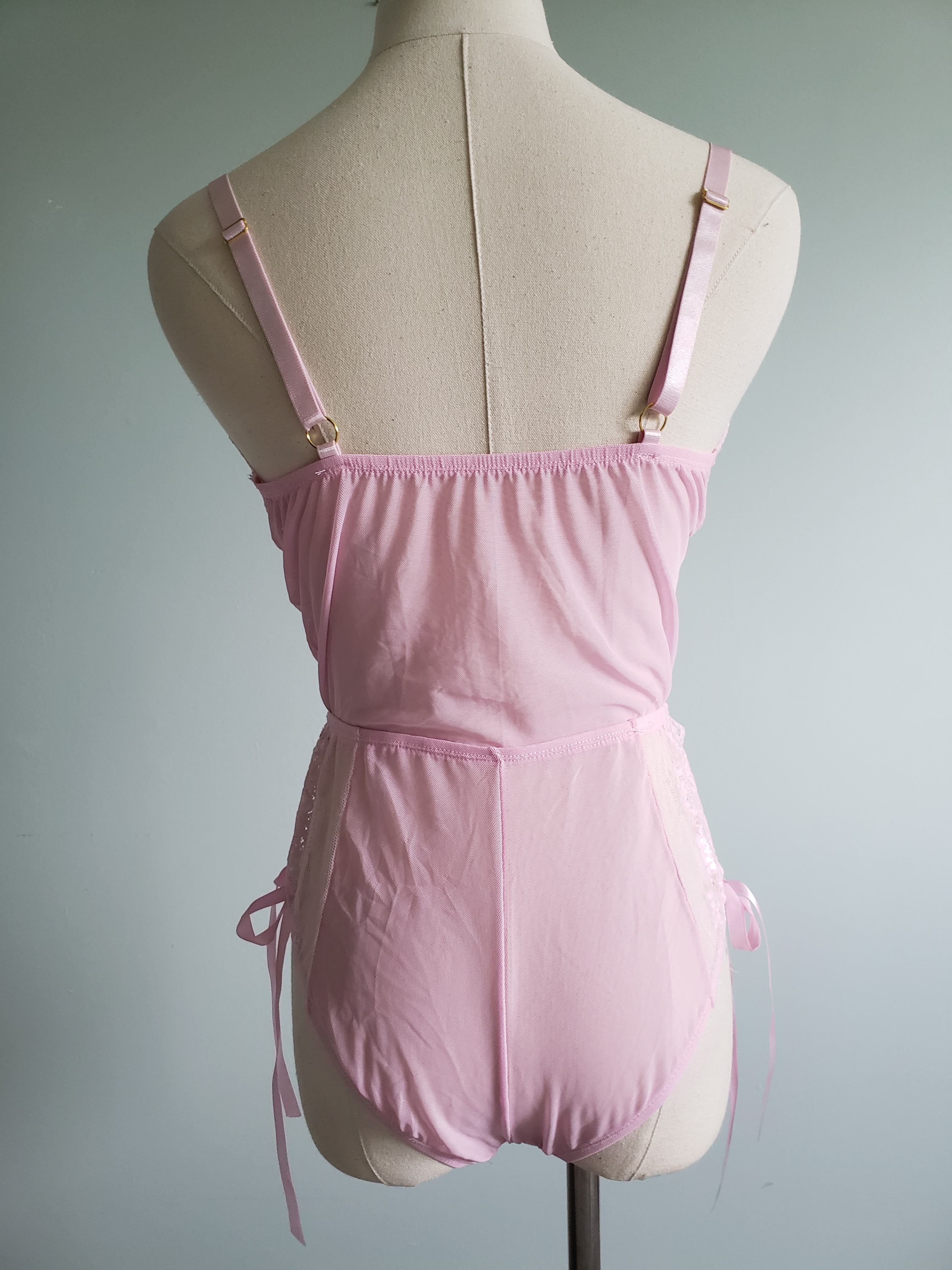 Lace and Mesh Tie Up Romper in Blush Pink image 3