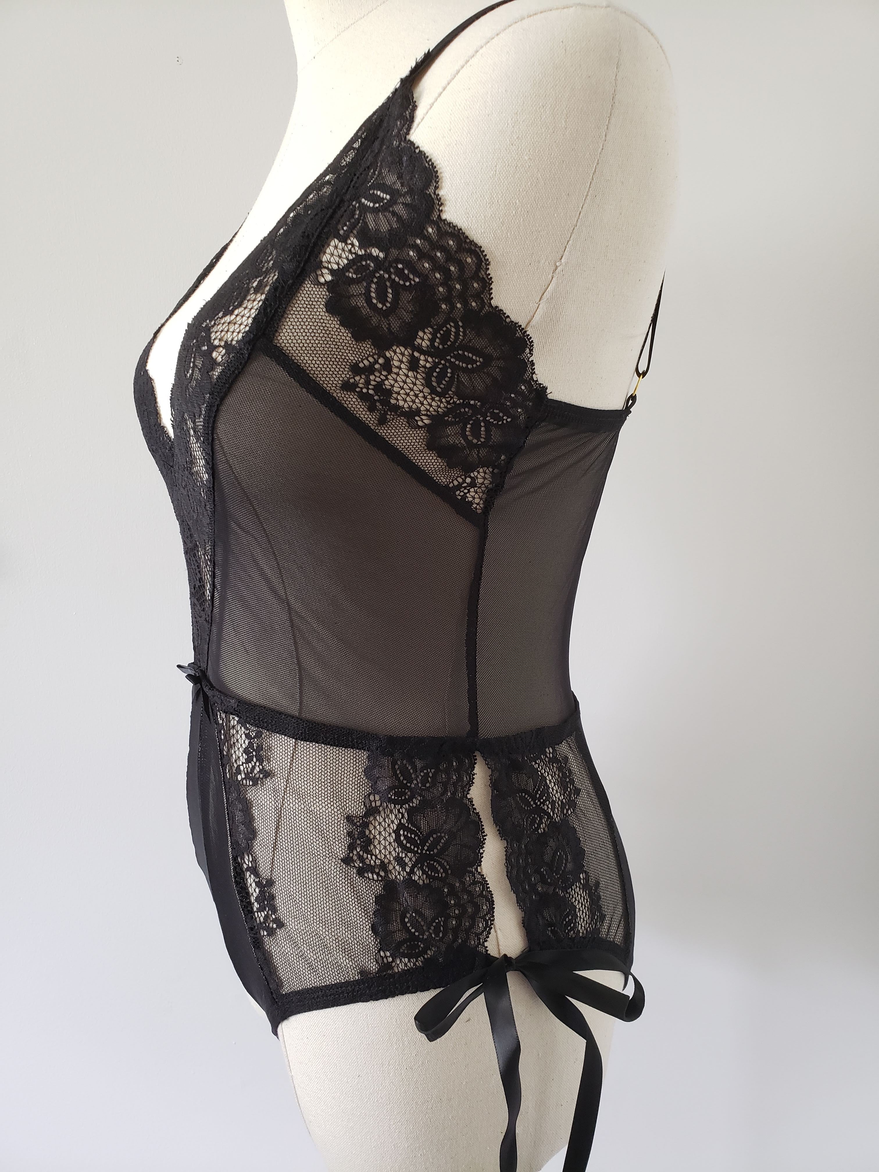 Lace and Mesh Tie Up Romper in Black image 1