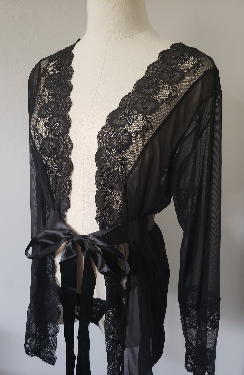 Lace and Mesh Robe with Panty in Black image 1