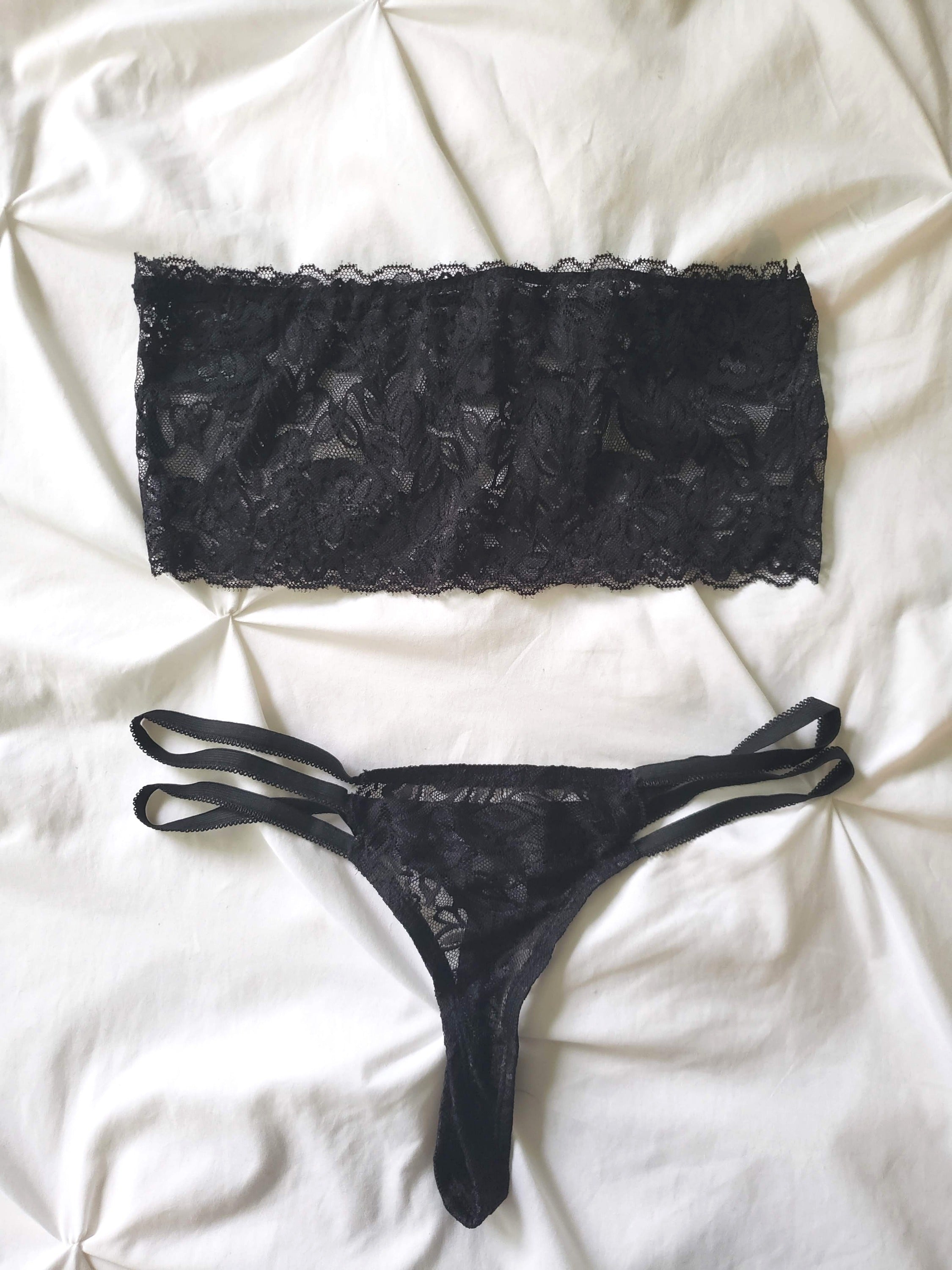 Lace Bandeau and Thong Set in Black image 5