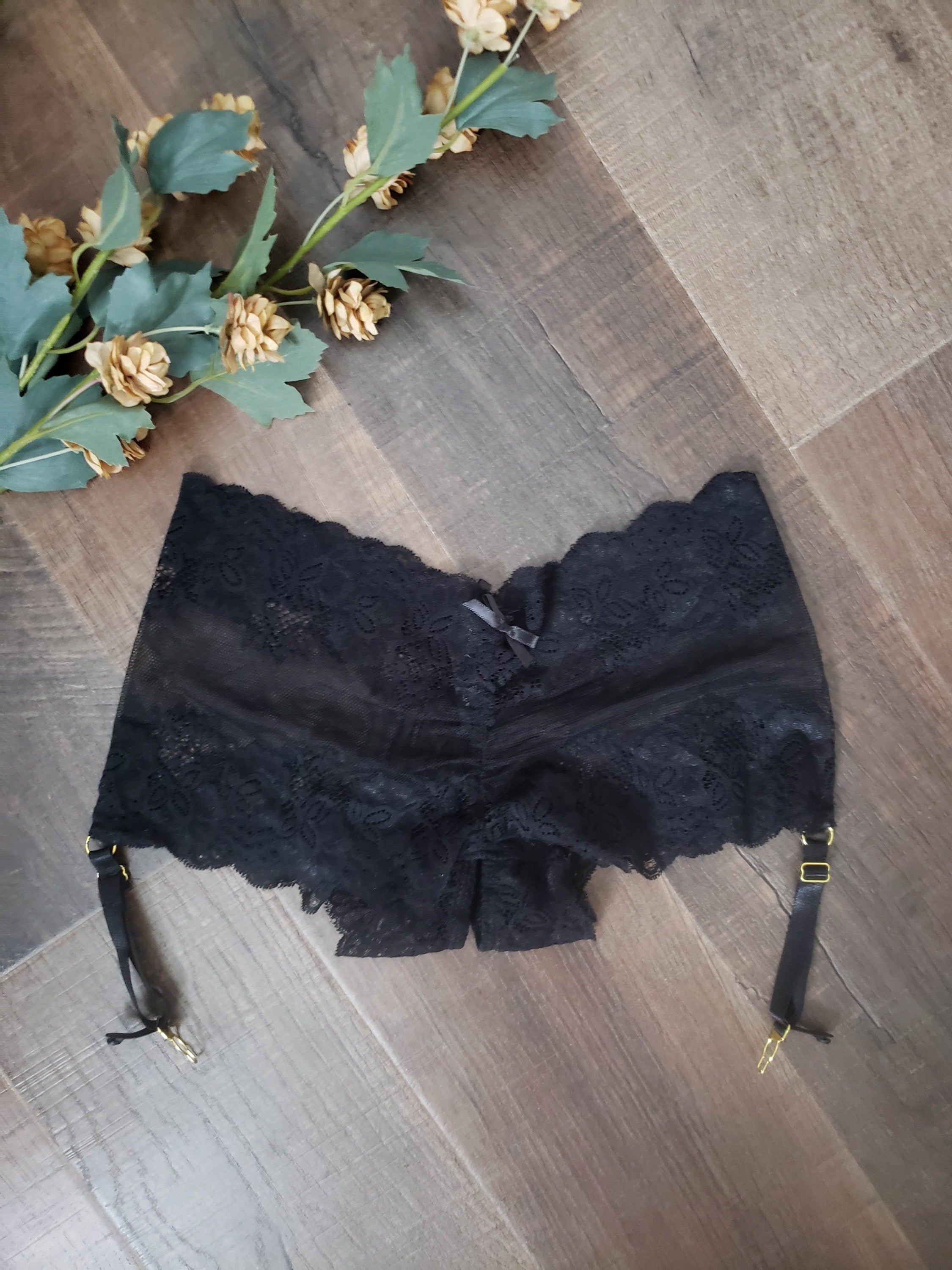 Lace Boyshorts with Garter in Black image 0