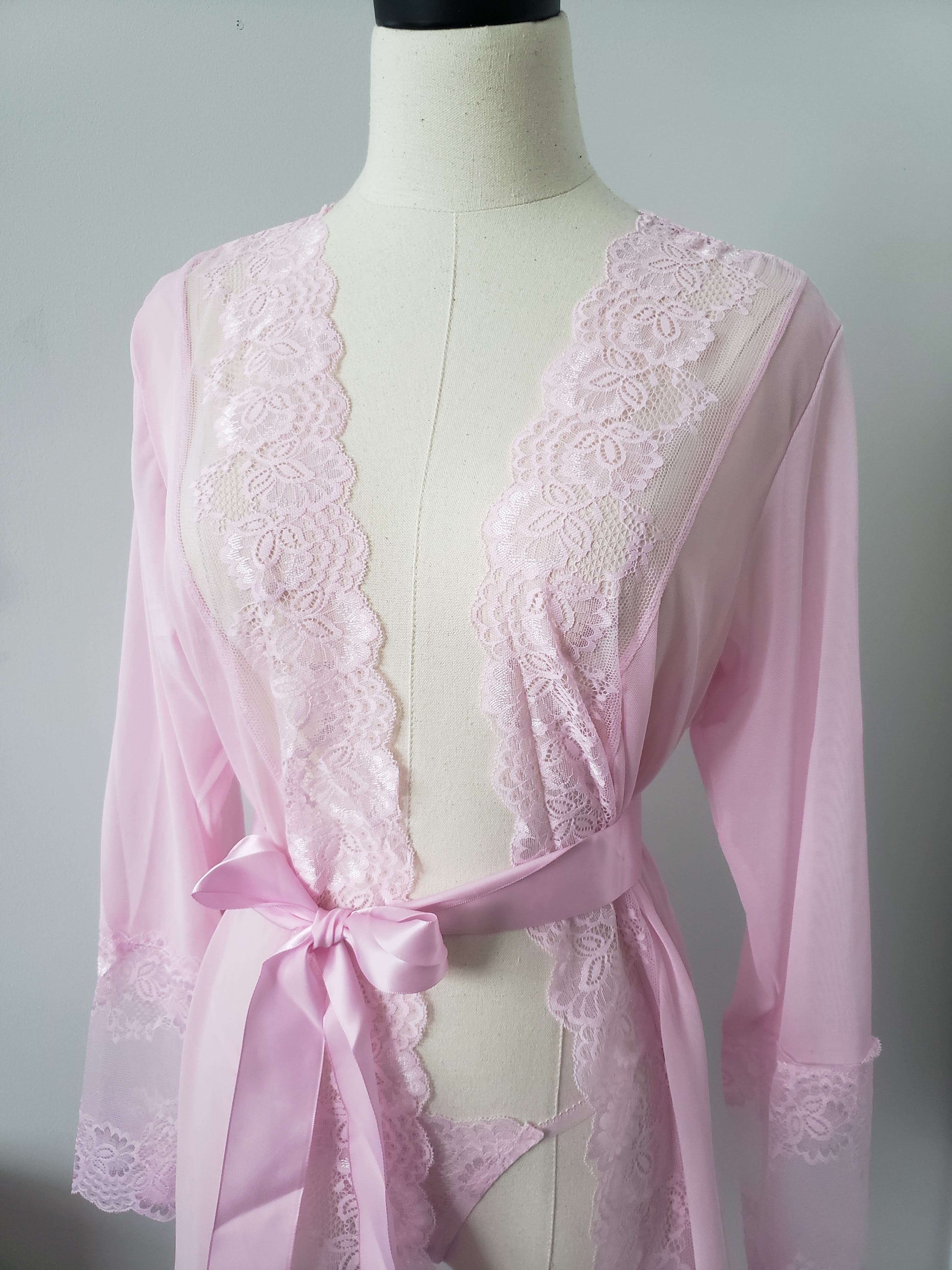 Lace and Mesh Robe with Panty in Blush Pink image 10